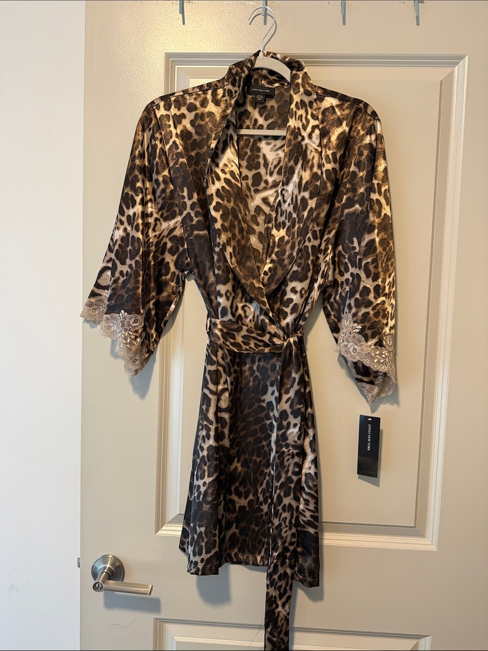 Jones New York Leopard-Print Satin Robe with Lace Trim - Brown & Cream